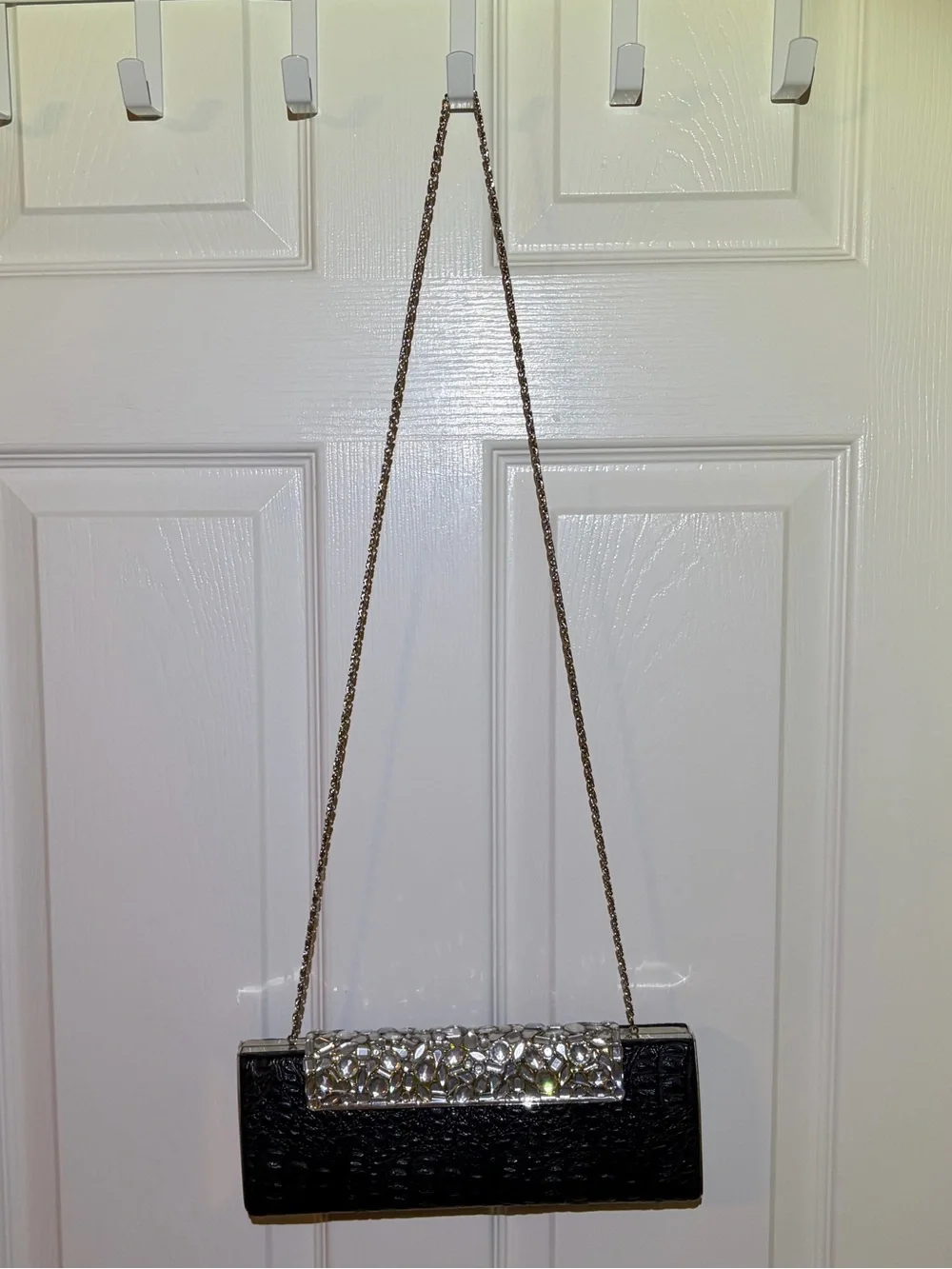 Black Embossed Crocodile Print Evening Clutch Dramatic Crystal Accent & Chain